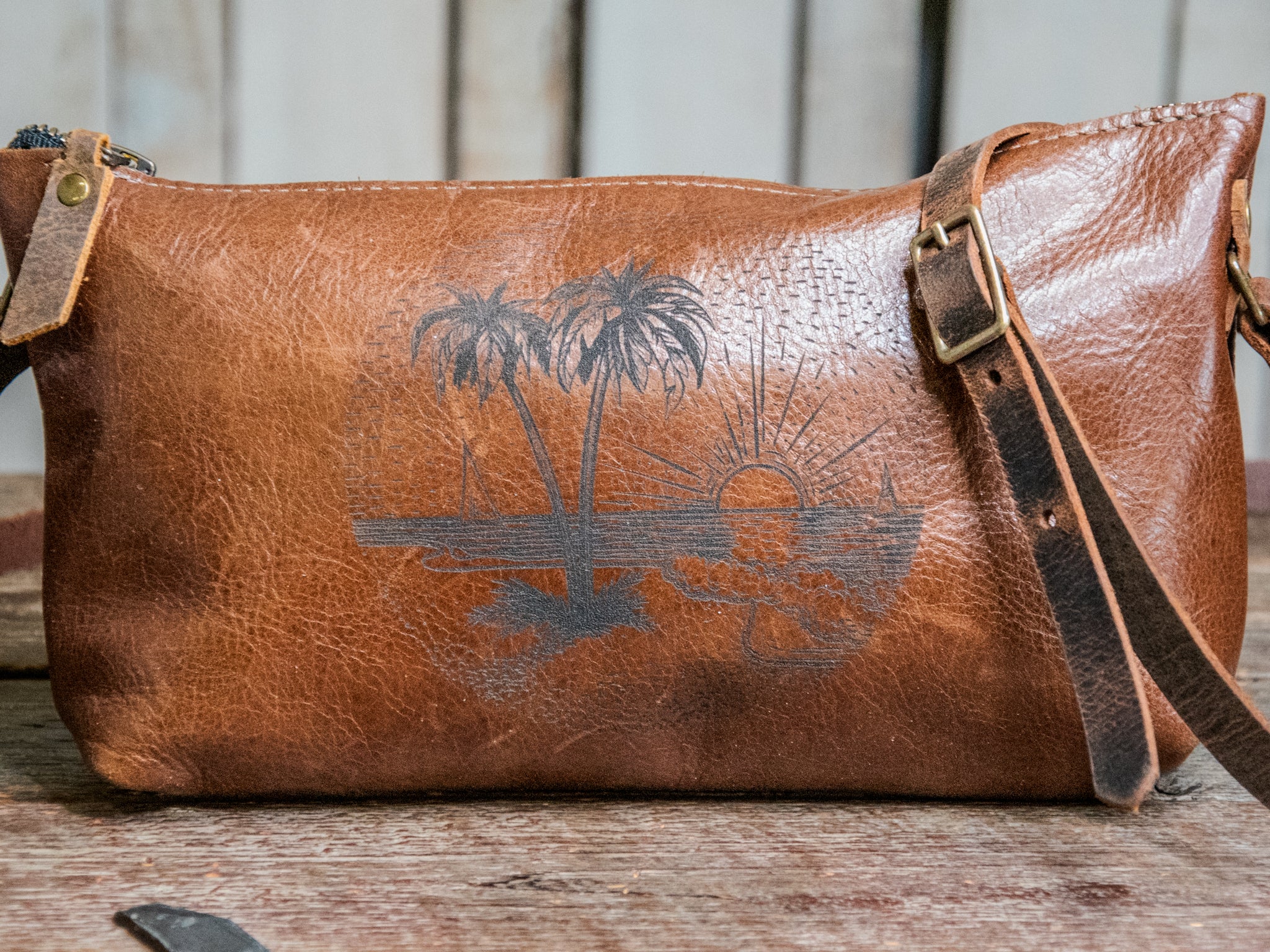 CLOSEOUT SALE | Small Handmade Leather Crossbody Zipper Bag | Lined Tropical Paradise print Mini zip | S3