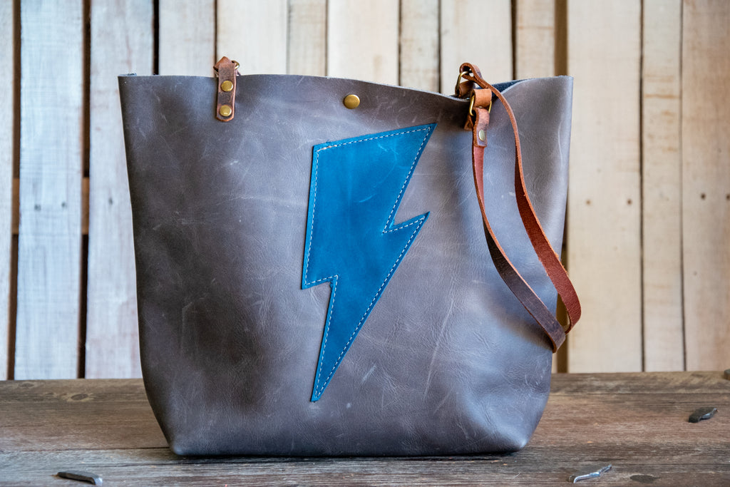 Stardust Tote in Wolf w/ blue bolt | Eco Friendly Leather | Medium | Shoulder + Snap