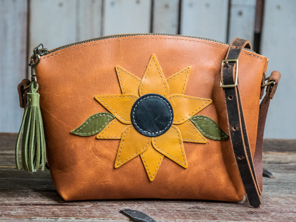 Ready to ship |  Handmade Leather Tote | Curved small Zipper Bag | Krista Sunflower | U9