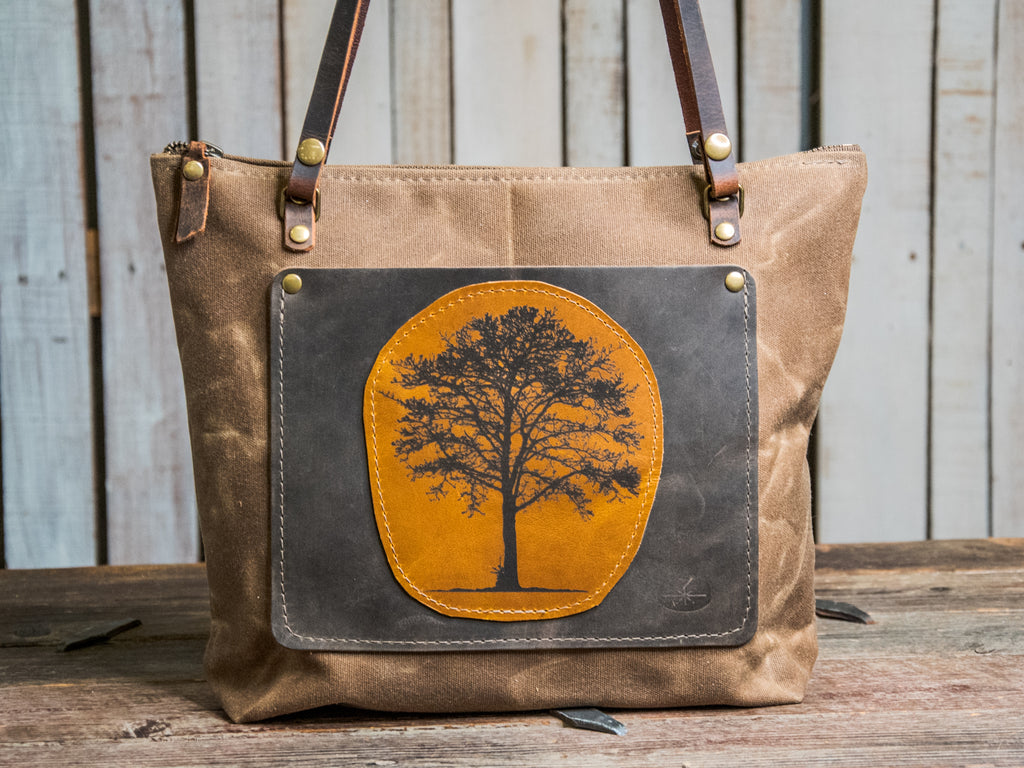 Ready to Ship | Handmade waxed canvas and leather Tote Bag | Small Classic Tote | Della Tree of life | U4