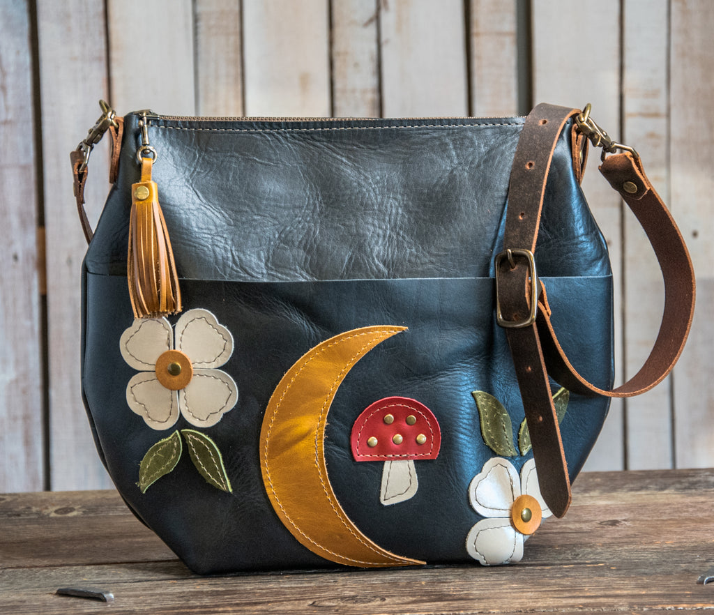 Limited Run Eco-friendly Marie Leather Bag | medium Curved boho style with Tassel | Moon Marie in Black