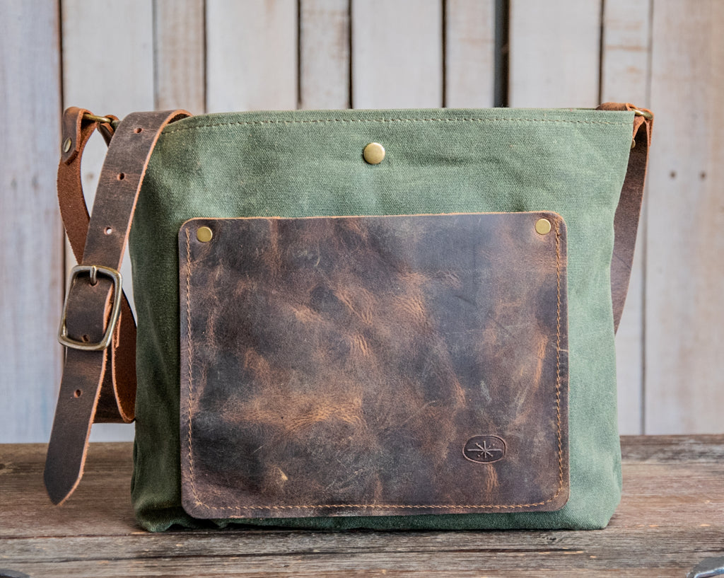 ready to ship | Classic Waxed Canvas Bag | Tote Bag with Leather Pocket | Small | Olive | G21