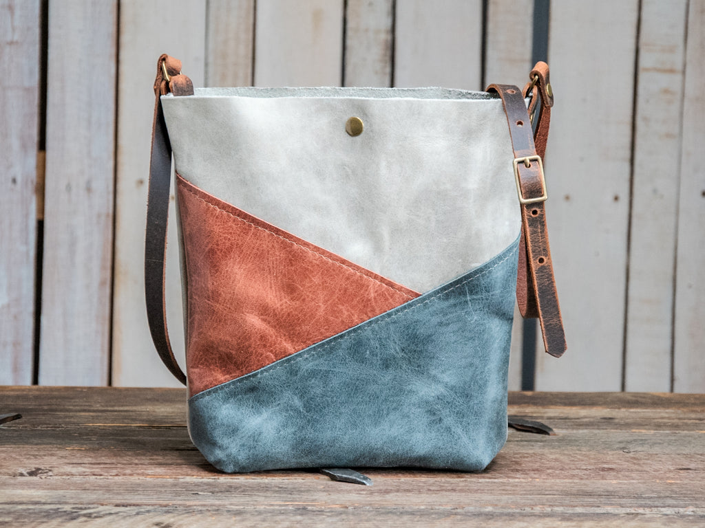 Ready to Ship | NEW SPRING LINE PREVIEW  | Handmade Tote Leather Bag | Small North South Tote | The Nelson Colorblock Lunar Grey, Rose and Blue
