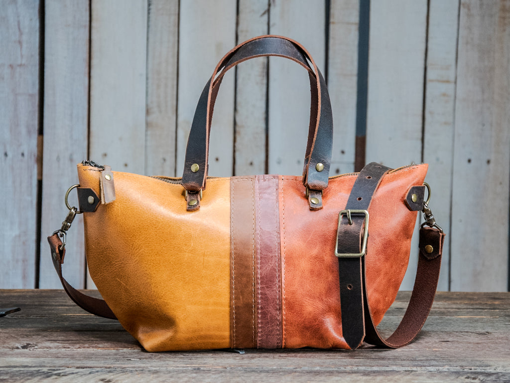 READY TO SHIP | NEW SPRING LINE PREVIEW | Handmade Leather Tote Bag | Curved Bowler |  70's Colorblock