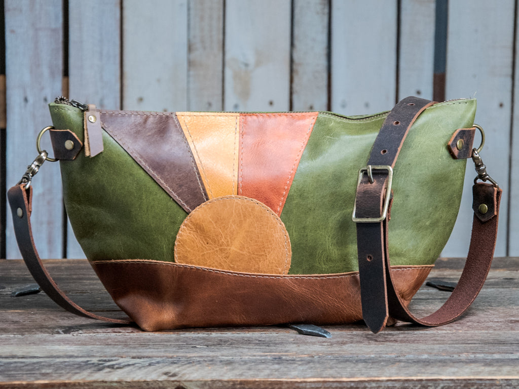 READY TO SHIP | NEW SPRING LINE PREVIEW | Handmade Leather Tote Bag | Curved Bowler |  Moss Green Sunburst