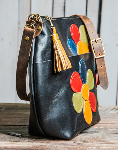 LIMITED RUN Eco-friendly Marie Leather Bag | medium Curved boho style BLACK with Tassel | FLOWER POWER BLACK