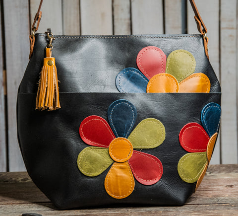 LIMITED RUN Eco-friendly Marie Leather Bag | medium Curved boho style BLACK with Tassel | FLOWER POWER BLACK