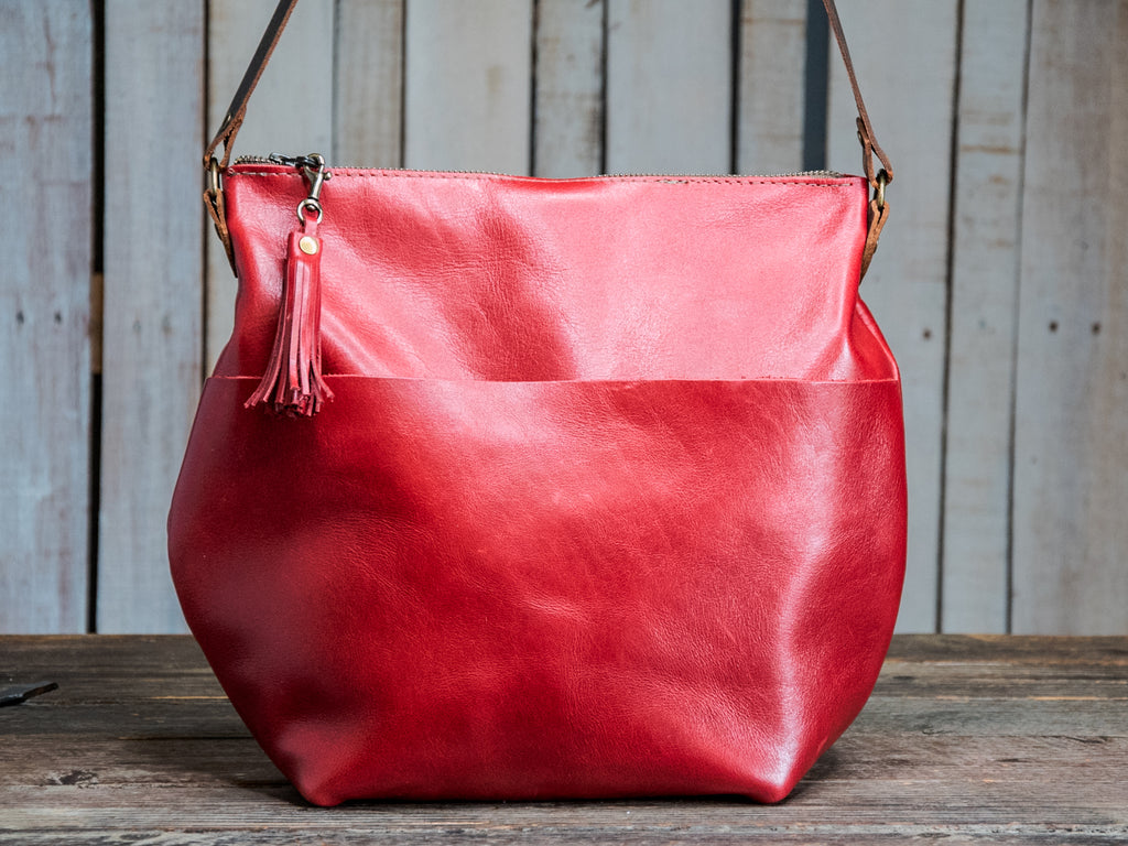 Ready to Ship | NEW SPRING LINE PREVIEW |  Eco-friendly Marie Leather Bag | Curved boho style with Tassel | Red