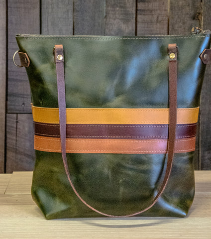 Limited Edition  | Striped North South Large Tote | LINED with Zipper | Jade Green