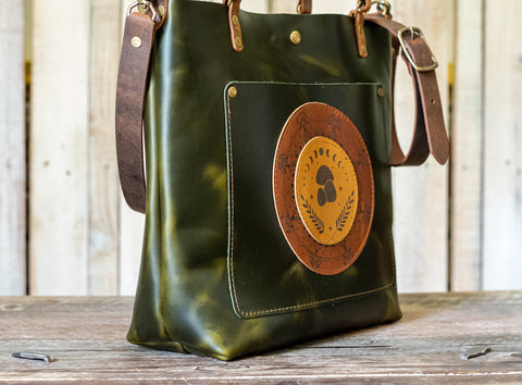 Leather Tote Bag | Large Crossbody Bag | Mandala | Jade | Mushroom Mandala