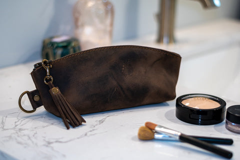 Curved Leather Zipper Bag | Leather Pencil Pouch | Makeup Bag | Made in USA | Leather Cosmetics Case