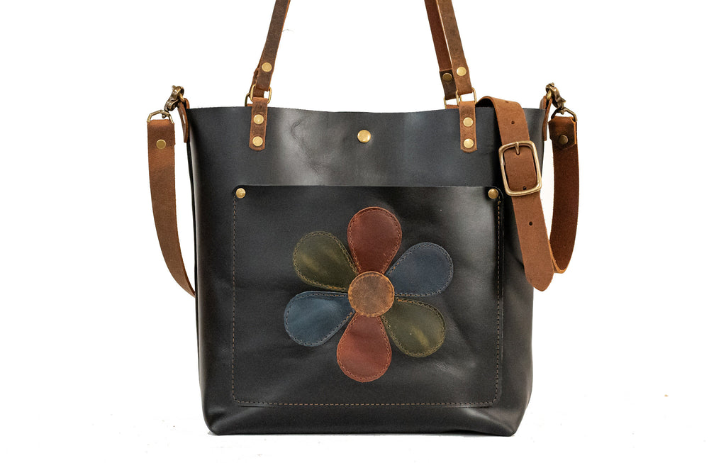 The Flower Power Leather Tote Bag | Limited Edition |  Handmade Purse |  Made in the USA | Leather Handbag | Personalized