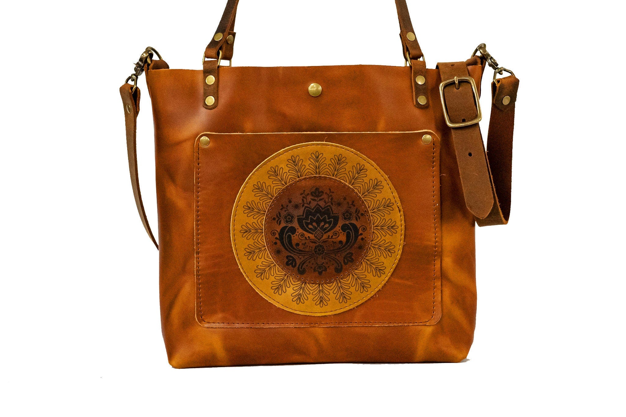 Leather Tote Bag | Large Crossbody Bag | Mandala | Bourbon