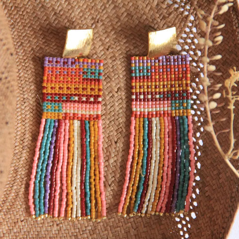 Mayana Designs Co Earrings | Hand-beaded Earrings | Beaded Handwoven Striped Knit Fringe Earrings (Warmed Earth)