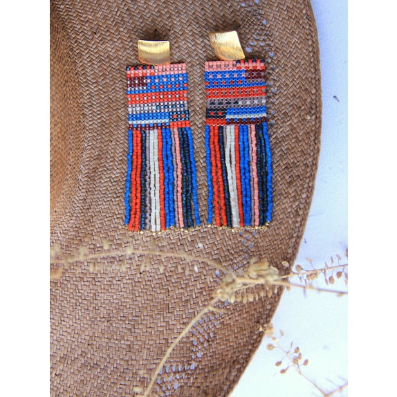 Mayana Designs Co Earrings | Hand-beaded Earrings | Beaded Handwoven Striped Knit Fringe Earrings (Ocean Sunset)