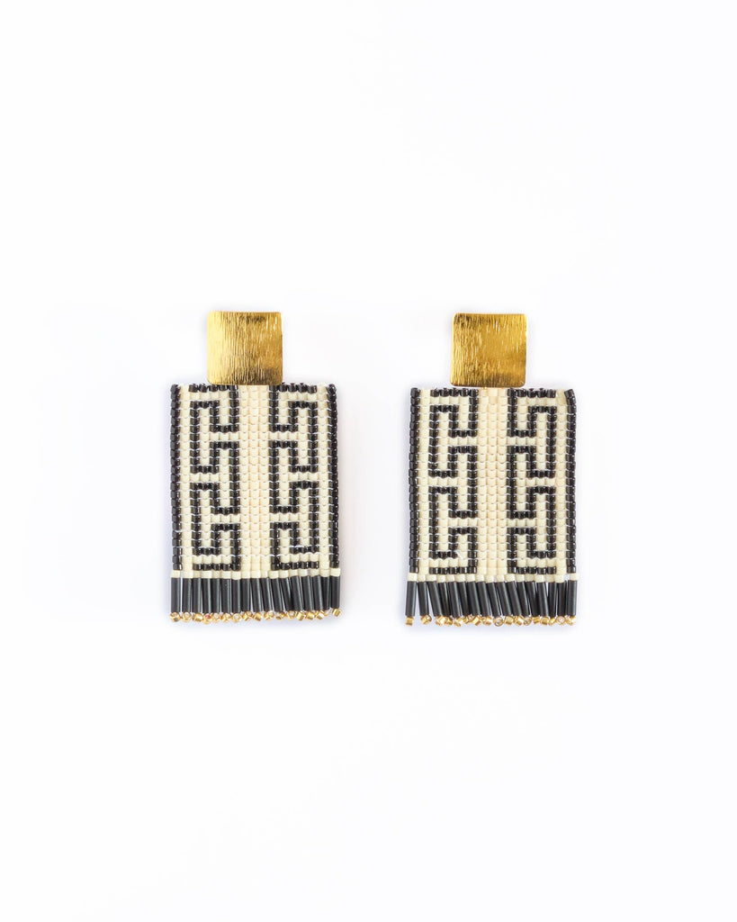 Earrings | Mayana Designs Co | Beaded Handwoven Guajira Square (Cream/Black)