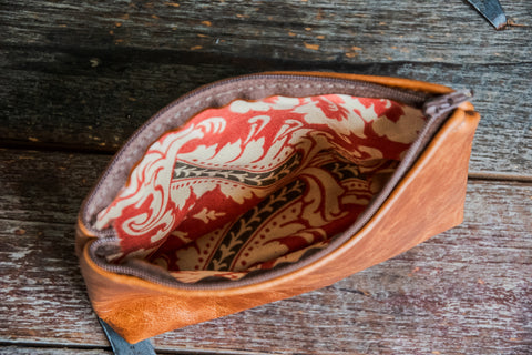 Handmade Leather Zipper Pouch | Ready to Ship | Lined | Red Paisley