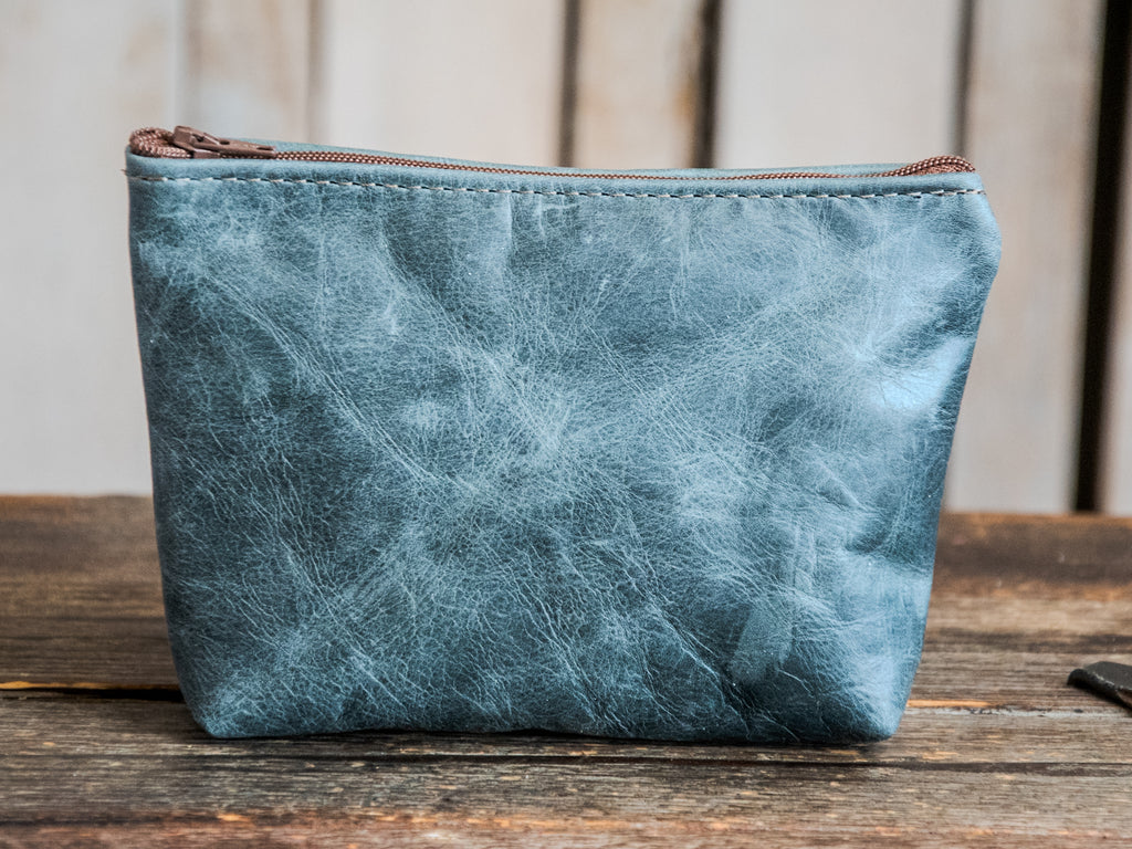 Handmade Leather Zipper Pouch | Ready to Ship | Lined | Dusty Blue Cranes