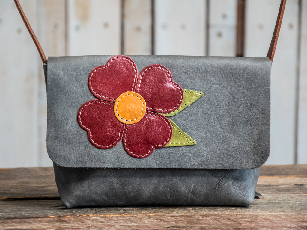 One of a Kind | Handmade Leather Crossbody Bag Small | Ready to ship wolf Mini Satchel | folk art applique