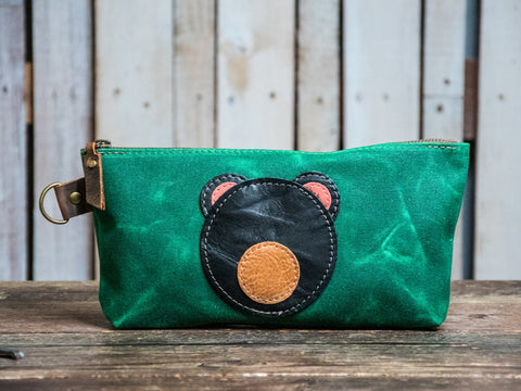 Ready to ship | Black Bear | Leather Applique Waxed Canvas Pencil Pouch