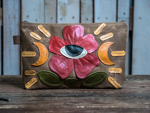 Ready to ship | Evil Eye Flower | Large Waxed Canvas Applique Pouch