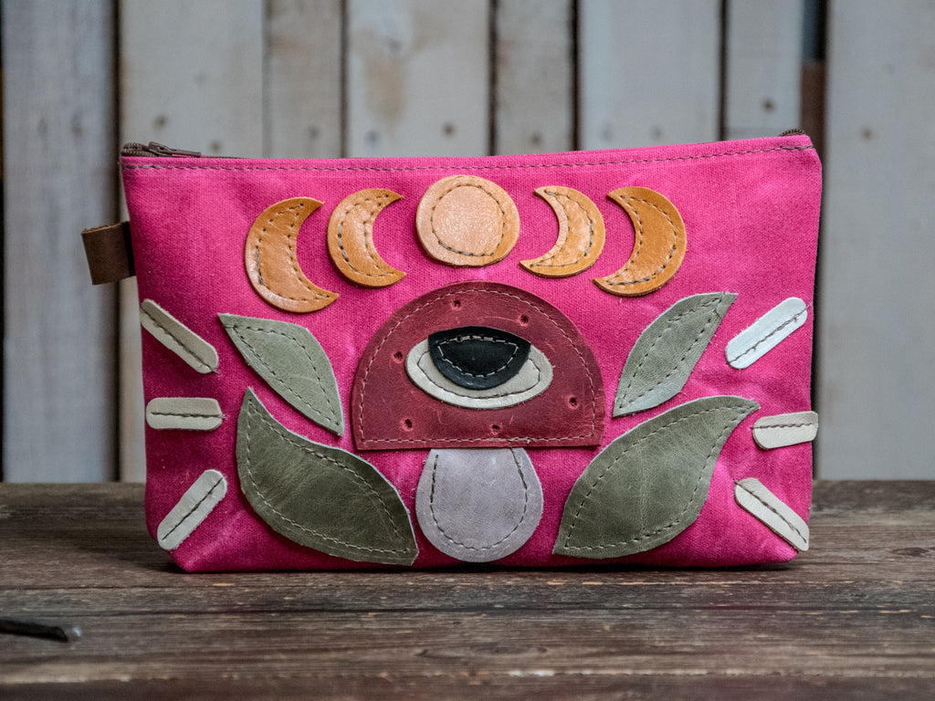 Ready to Ship | Evil Eye Mushroom | Large Waxed Canvas Applique Pouch