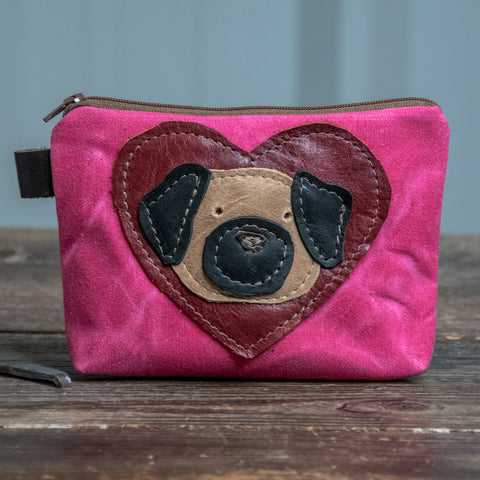 Ready to Ship | Puppy Love | Medium Waxed Canvas & leather Applique Pouch
