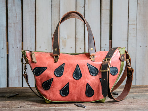 LIMITED | Handmade Leather Tote Bag | SMALL Bowler | Watermelon Bag | Fruit basket series