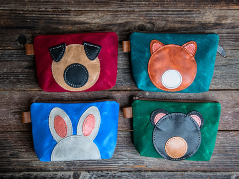 Leather Applique | Handmade Waxed Canvas Zipper Pouch | BEAR CUB | Critter Collection