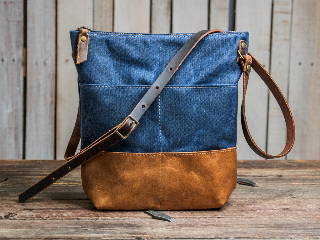 Ready to Ship | LINED MINI ML tote! | Waxed Canvas and leather bag | Navy