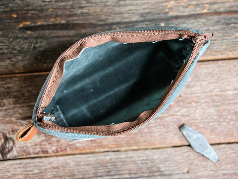 Leather Applique | Handmade Waxed Canvas Zipper Pouch | Luna