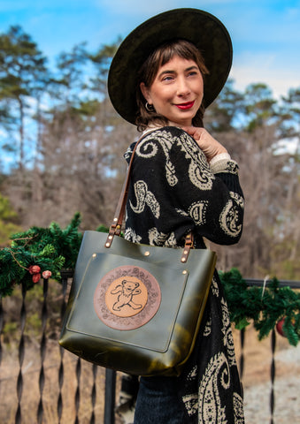 LIMITED EDITION Leather Tote Bag | Icon Collection | Grateful Dancing Bear Mandala Tote | Medium | Jade Green