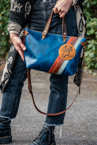 Limited Edition Handmade Leather Tote Bag | Icon Collection | The Grateful Dancing Bear STRIPED Bowler | Medium Bag | True Blue with Tassel