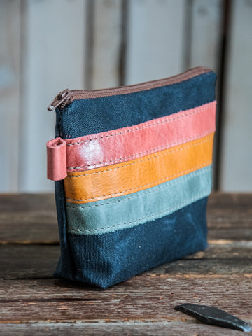 Leather Applique | Handmade Waxed Canvas Zipper Pouch | Pastel Stripe