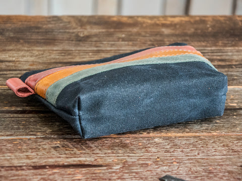 Leather Applique | Handmade Waxed Canvas Zipper Pouch | Pastel Stripe