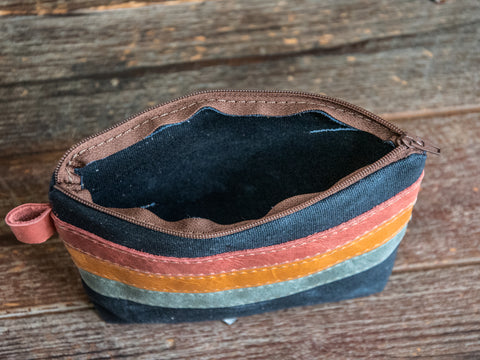 Leather Applique | Handmade Waxed Canvas Zipper Pouch | Pastel Stripe