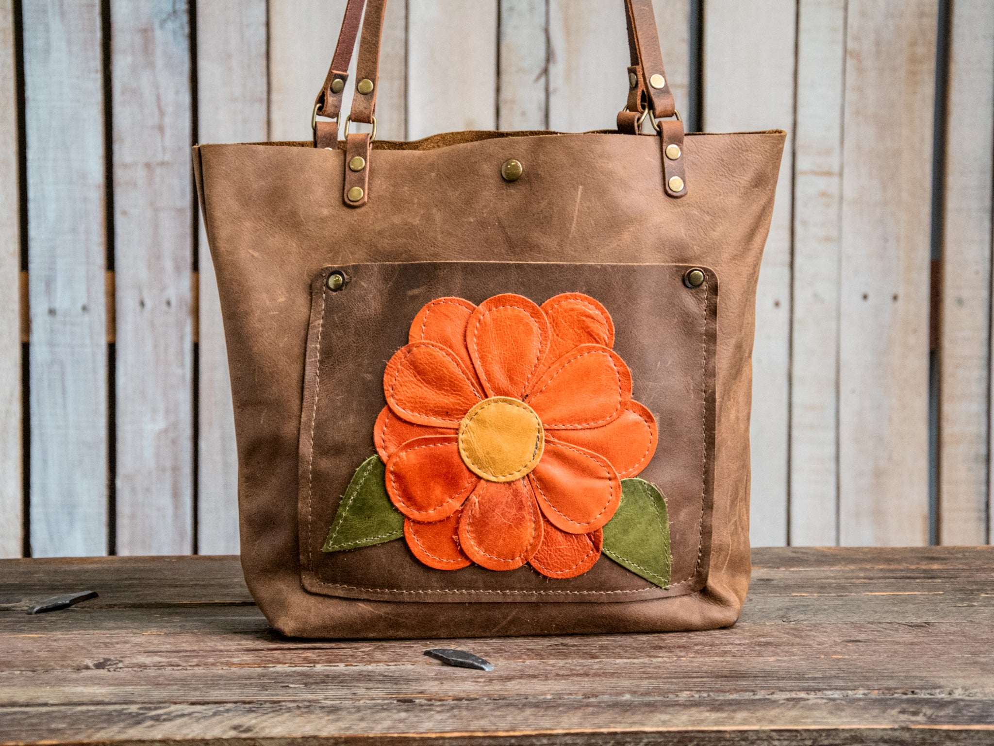 Ready to Ship | Handmade Leather Tote Bag | Medium Classic | Orange Flower
