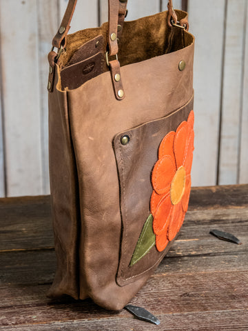 Ready to Ship | Handmade Leather Tote Bag | Medium Classic | Orange Flower