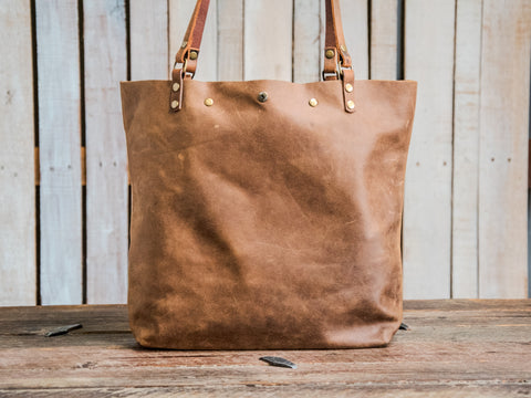 Ready to Ship | Handmade Leather Tote Bag | Medium Classic | Orange Flower