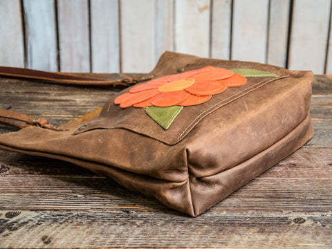 Ready to Ship | Handmade Leather Tote Bag | Medium Classic | Orange Flower