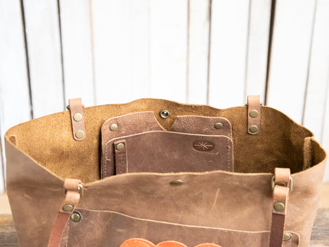 Ready to Ship | Handmade Leather Tote Bag | Medium Classic | Orange Flower