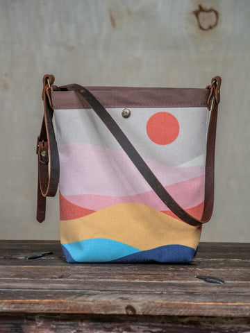 Ready to Ship | SMALL Canvas and Leather Tote Bag 70s Mountain | Handprinted | In Blue + Camp Blue collab