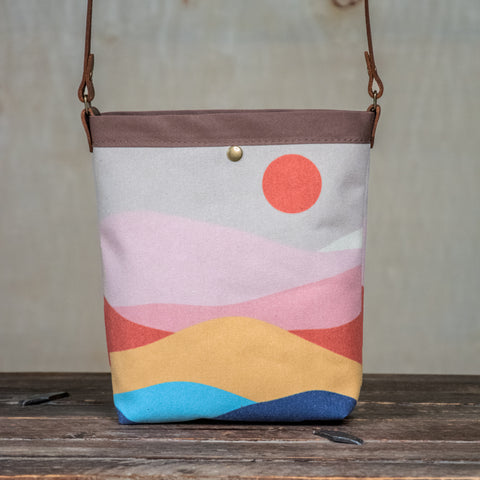 Ready to Ship | SMALL Canvas and Leather Tote Bag 70s Mountain | Handprinted | In Blue + Camp Blue collab