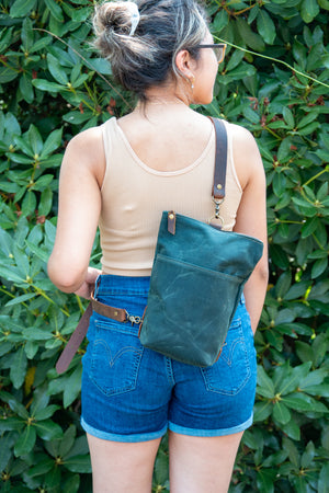 Waxed Canvas Sling Bag | Waxed Canvas and leather Zipper Purse