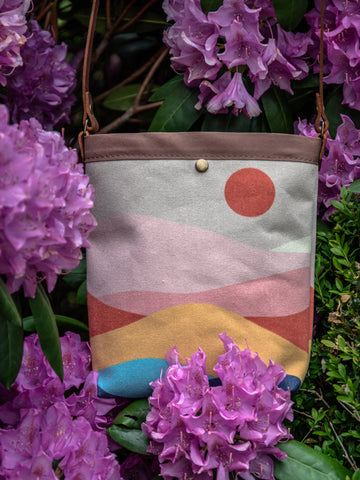 Ready to Ship | SMALL Canvas and Leather Tote Bag 70s Mountain | Handprinted | In Blue + Camp Blue collab