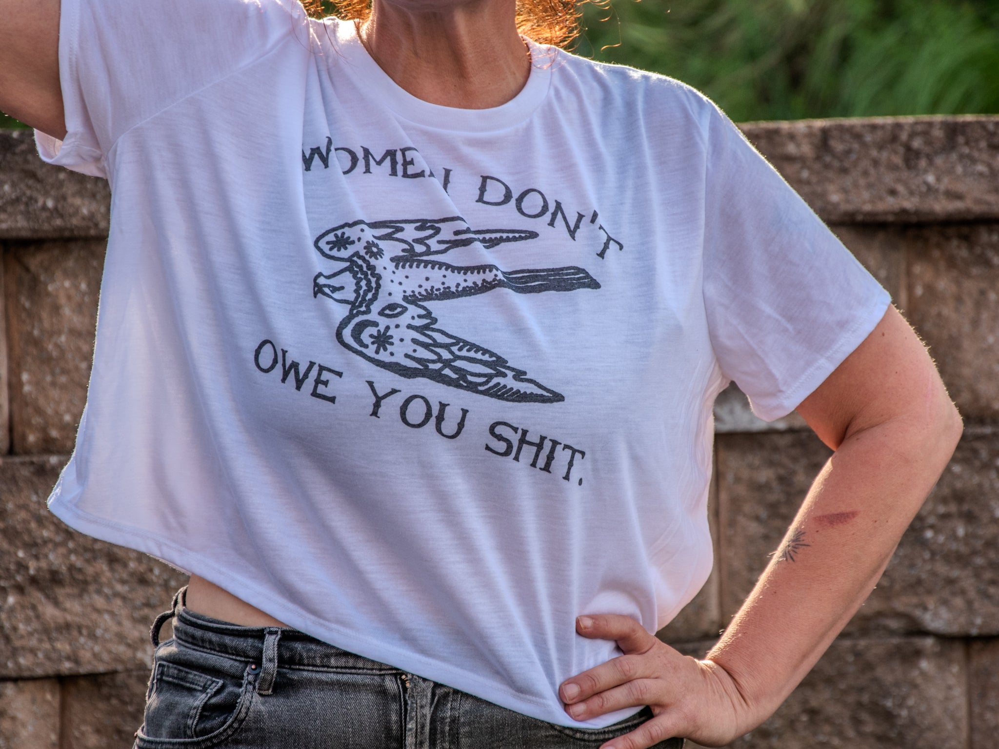 Handprinted Made in USA T-shirt | Women Don't Owe You | White Flowy Crop | Bird
