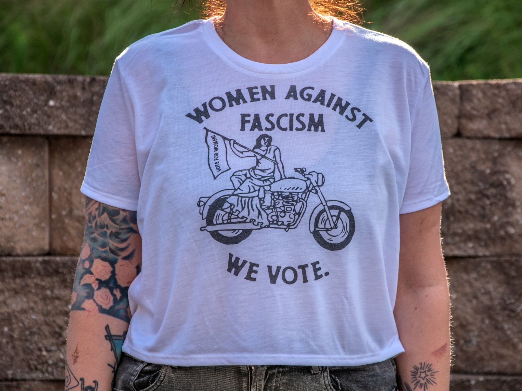 Handprinted Made in USA T-shirt | Women Against Fascism | White Flowy Crop | Motorcycle