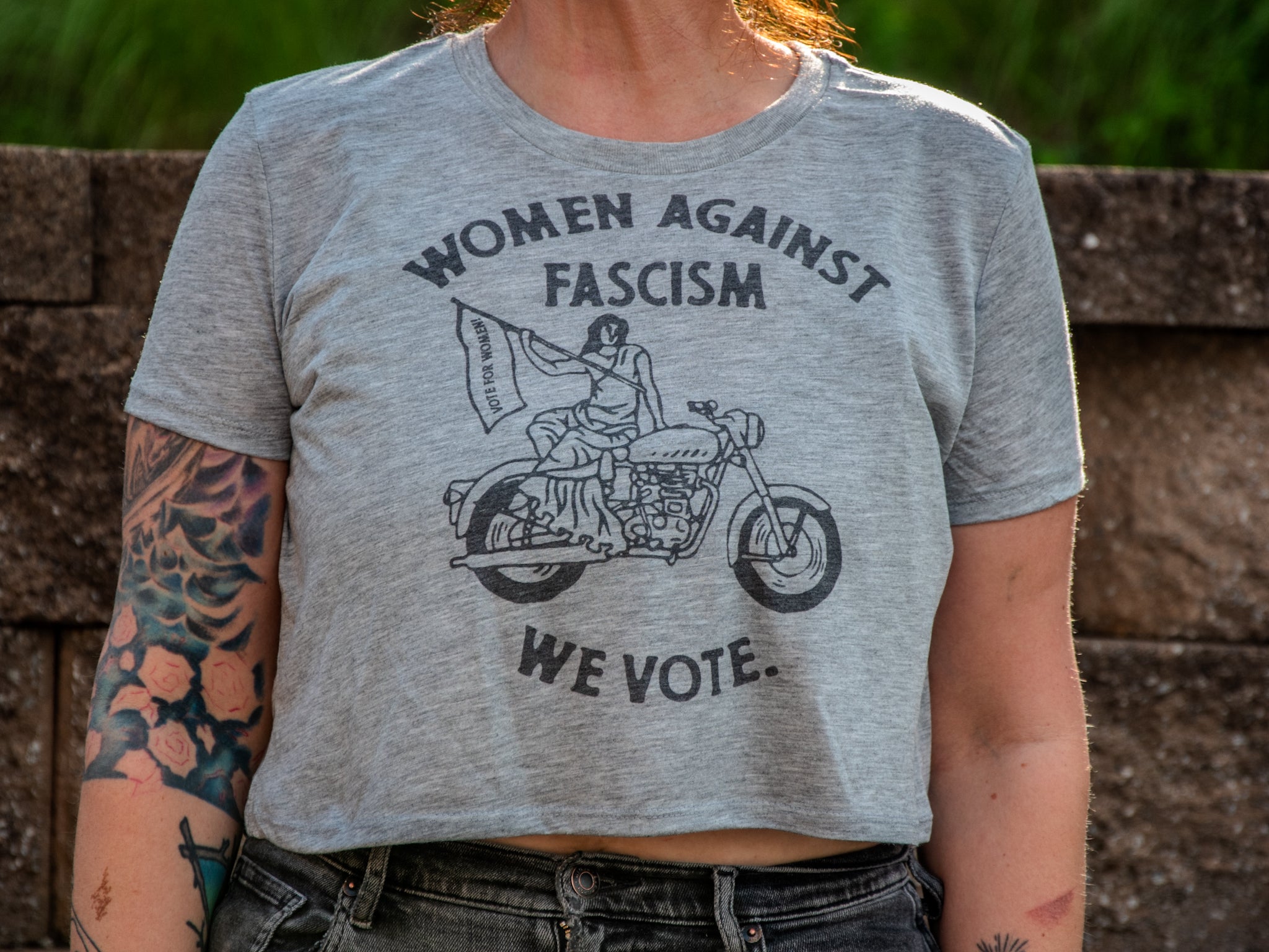 Handprinted Made in USA T-shirt | Women Against Fascism | Heather Grey Crop