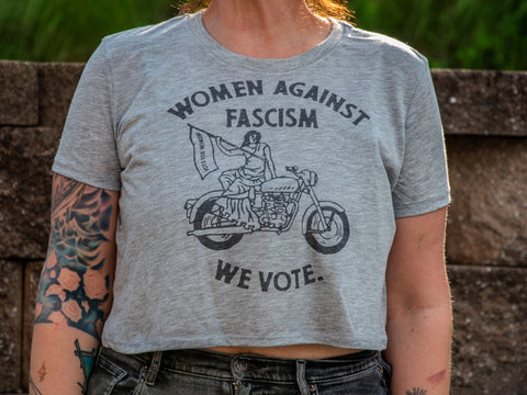 Handprinted Made in USA T-shirt | Women Against Fascism | Heather Grey Crop