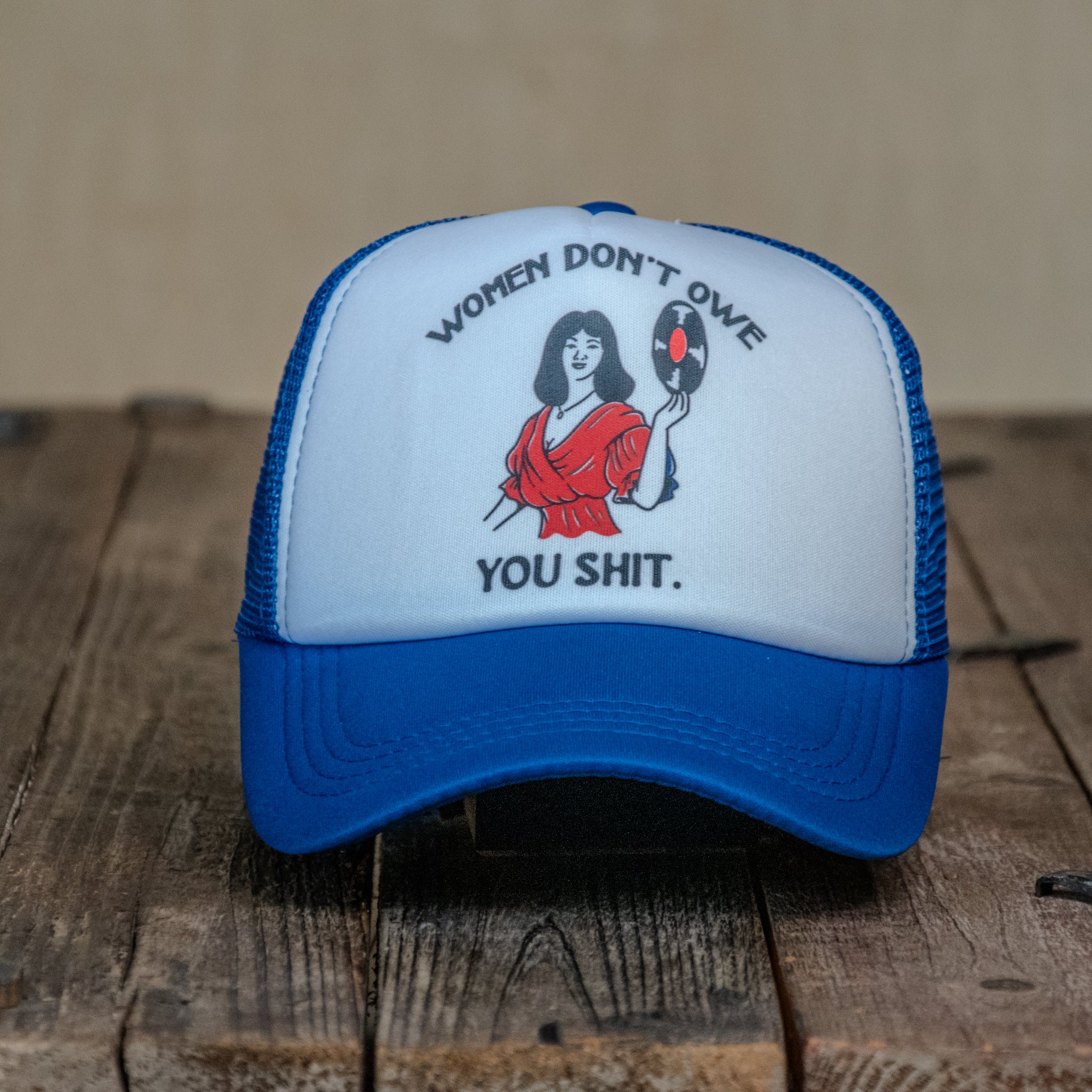 Trucker Hat | Hand Printed | Women Don't Owe You record | Blue Hat